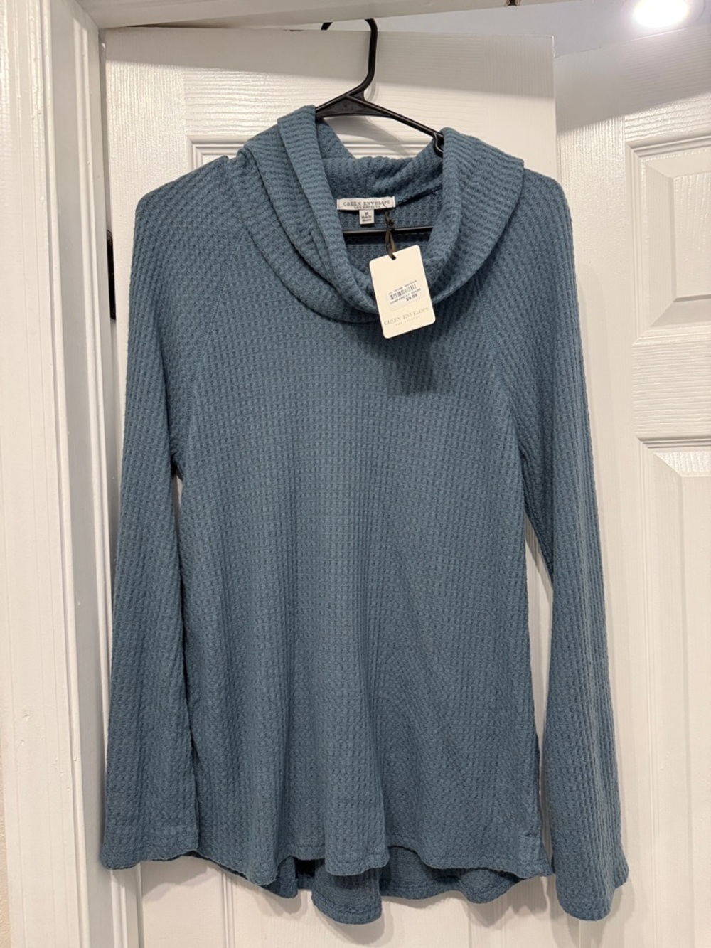Green Envelope Dusty Blue Cowl Neck Waffle Knit Pullover